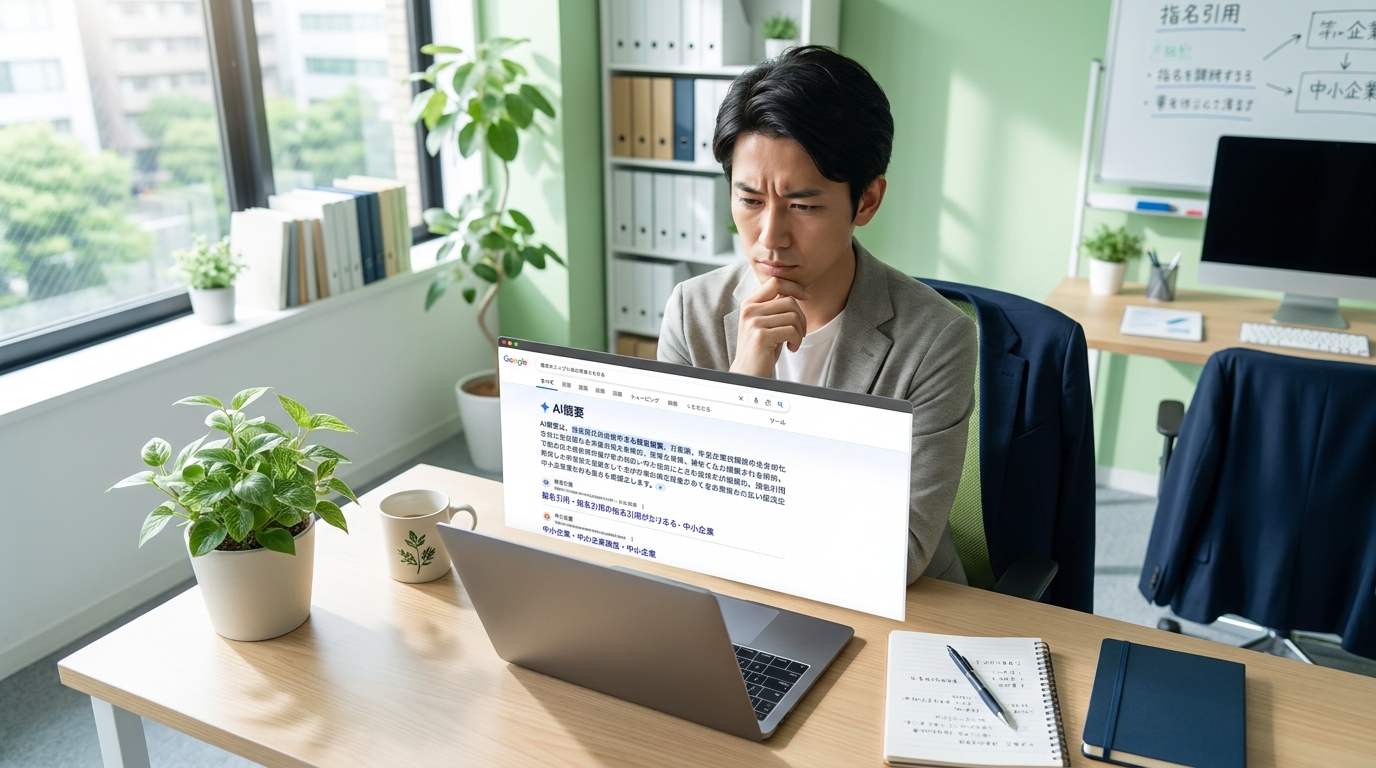 AI Overviewsの検索結果を見ながら自社サイト戦略を考える中小企業の発信担当者