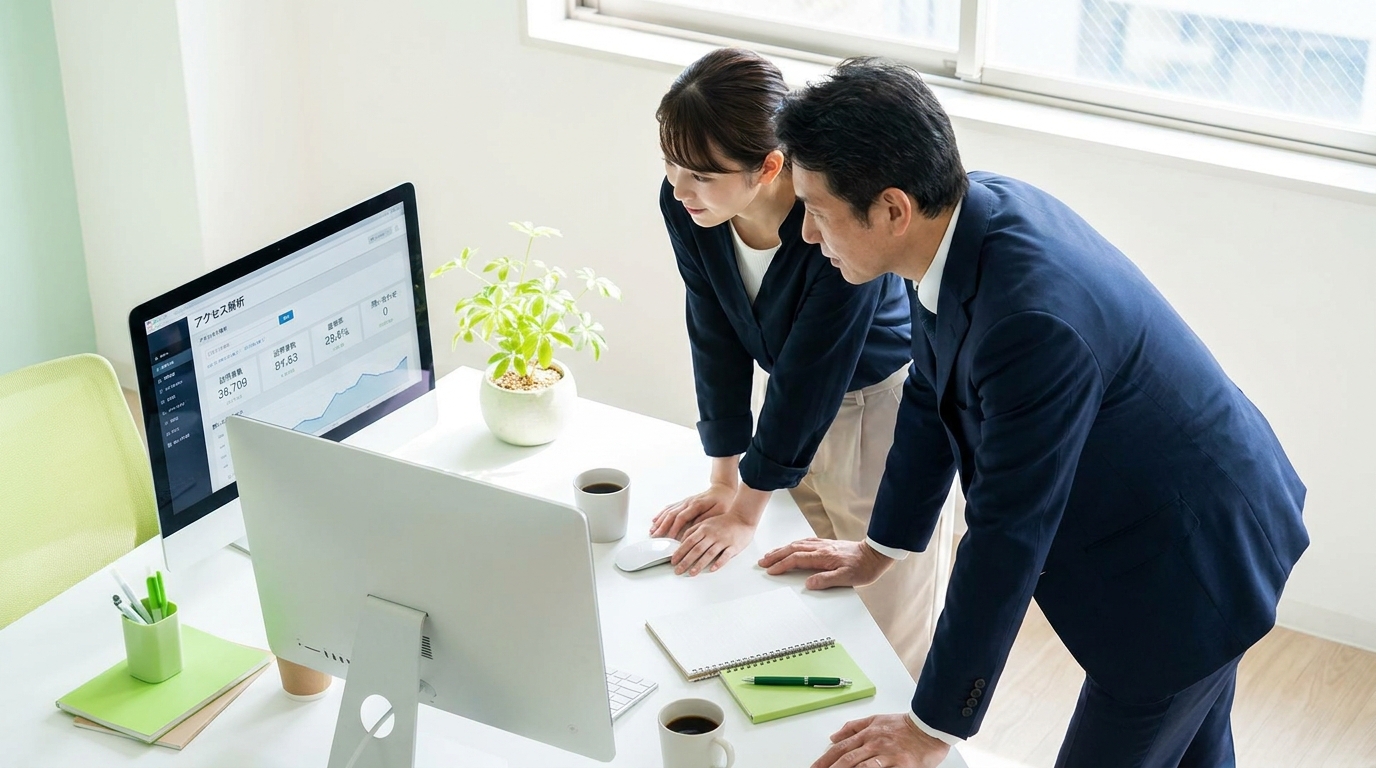 ホームページの運用課題を話し合う中小企業の経営者と発信担当者