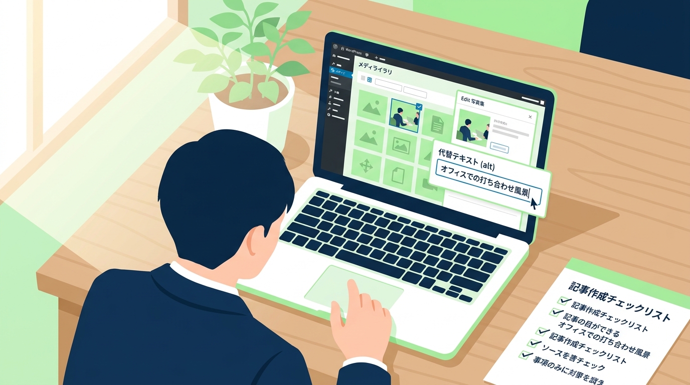 WordPressのメディアライブラリでalt属性を編集する中小企業の発信担当者