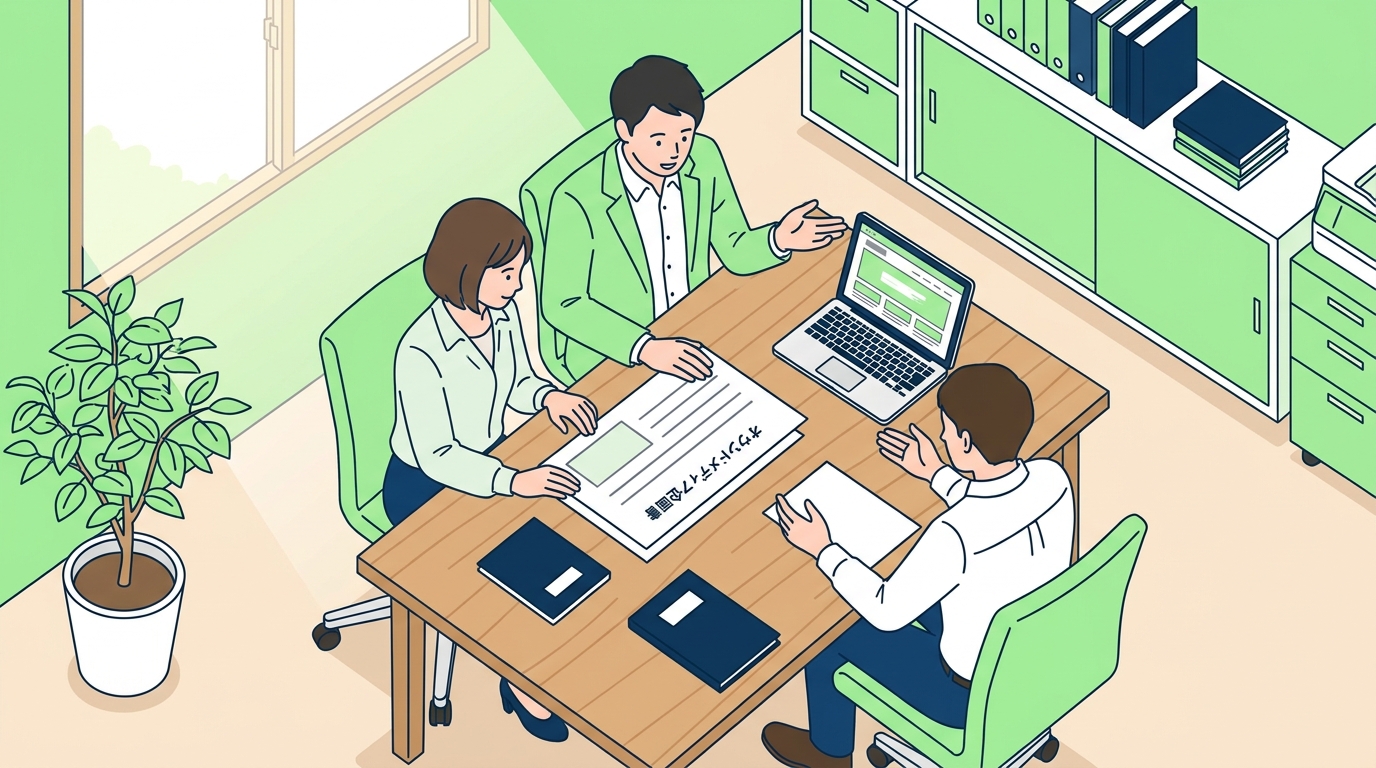 中小企業の経営者と発信担当者がオウンドメディア戦略を議論する様子