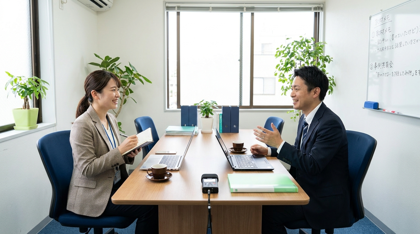 導入事例の取材を行う中小企業の発信担当者