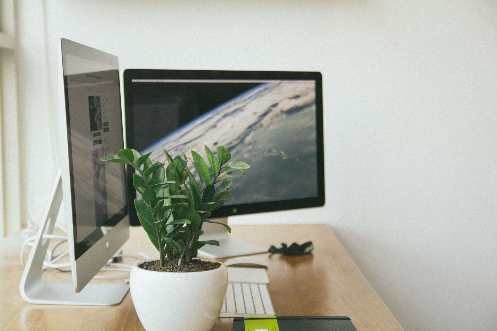 落ち着いた中小企業オフィスmlops llmopsとはのグラフモニターと観葉植物